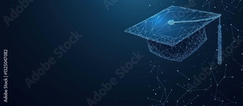Glowing graduation cap polygonal low poly illustration on dark background. AI generated image