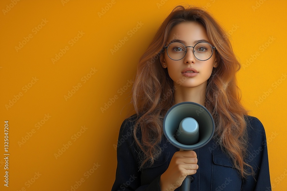Fototapeta premium Young Woman with Megaphone Against Yellow Background