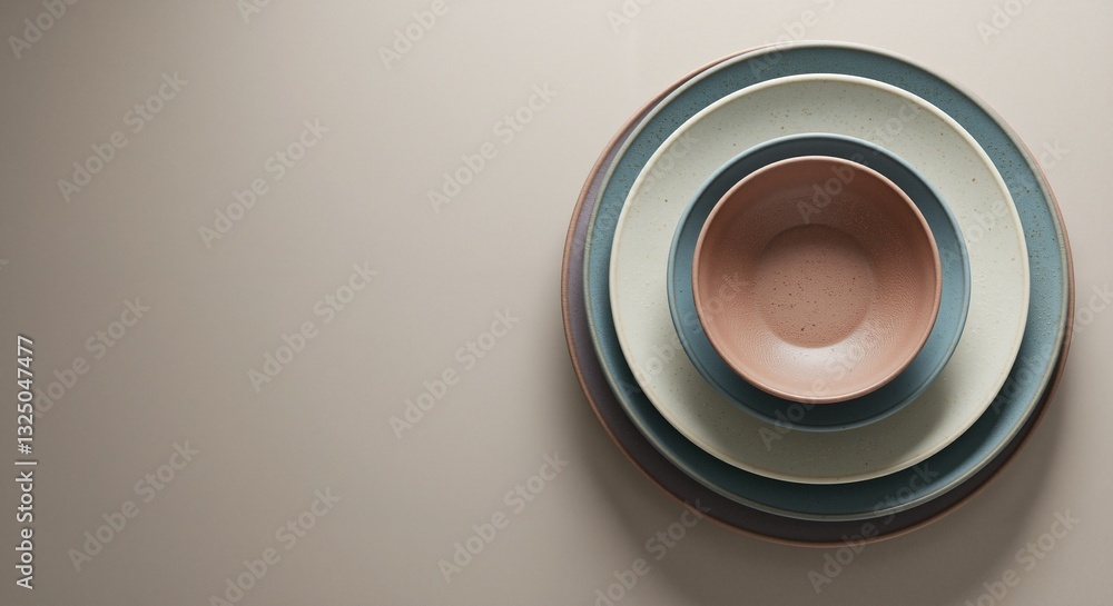 Elegant stacked bowls in soothing colors conveying a serene atmosphere representing modern table setting on a neutral background Elegant stacked bowls in soothing colors conveying a serene atmosphere representing modern table setting on a neutral background
