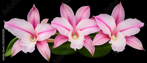 Three Pink Orchids in Full Bloom Against a Dark Background Showcasing Delicate Petals and Vibrant Colors in a Stunning Floral Display