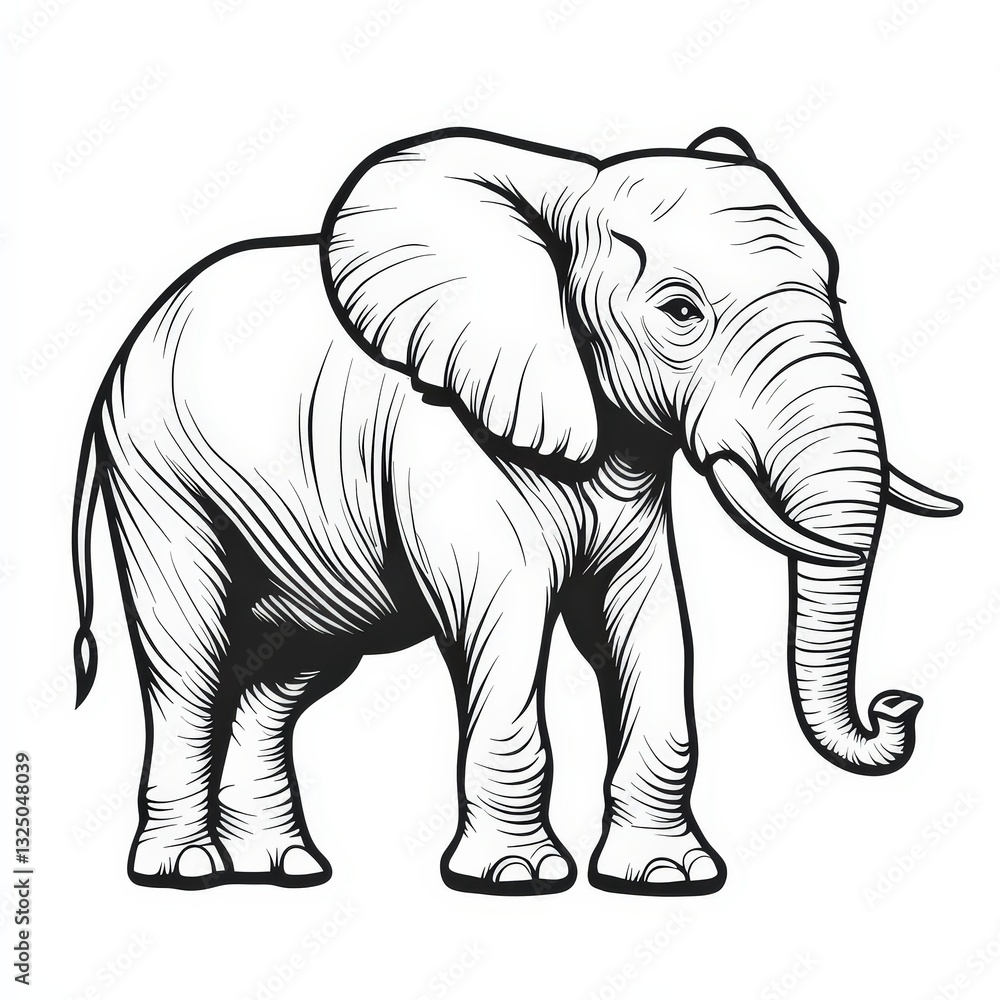 Fototapeta premium Flat Color Elephant Line Art in Minimalistic Style, Simple Doodle