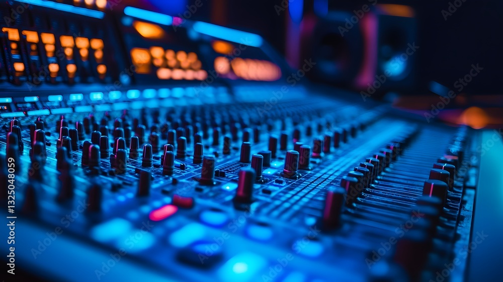 Blue and orange sound board with many knobs and buttons. The blue and orange colors give the board a vibrant and energetic feel Blue and orange sound board with many knobs and buttons. The blue and orange colors give the board a vibrant and energetic feel