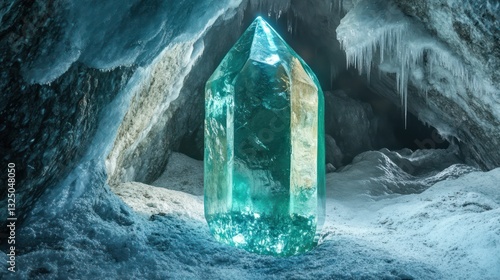 A large teal crystal stands inside of a frozen ice cave