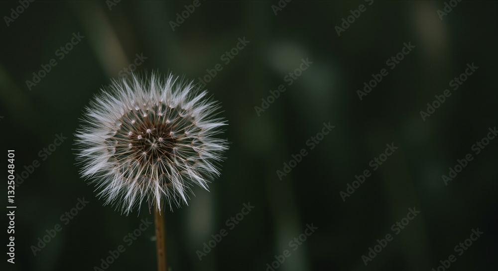 Dandelion fluff against a dark green background conveying a sense of tranquility and purity representing the beauty of nature and the concept of mindfulness