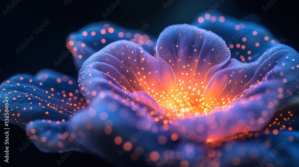 A high-resolution macro shot of a glowing bioluminescent medicinal mushroom A high-resolution macro shot of a glowing bioluminescent medicinal mushroom