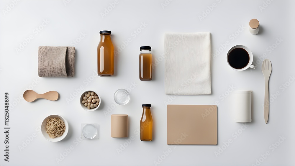Naklejka premium Flatlay showcasing amber drinks bottles, beige textiles, wooden utensils, minimalist tableware a white background.