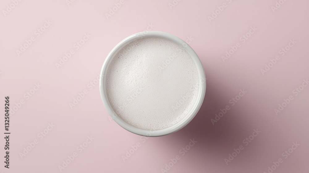 Top view of frothy beverage in white cup on pink background. Top view of frothy beverage in white cup on pink background.