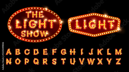 Marquee with Fonts Collection Vector: Realistic Isolated Quadrilateral,  Rhombus and Oval Lightbox Billboards Featuring Neon Fonts and Light Bulbs, Perfect for Broadway and Show Themes. Vector