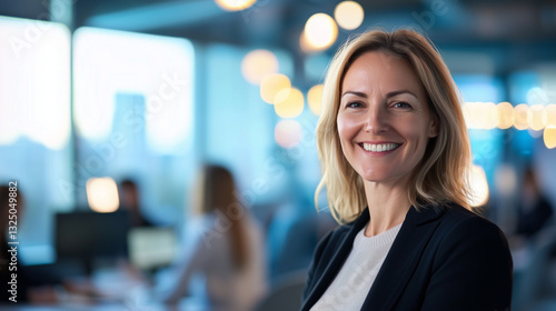 Confident businesswoman in modern office with colleagues working photo