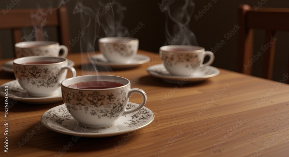 Steaming tea cups arranged on a wooden table, conveying a warm and inviting atmosphere that represents camaraderie and connection, with simple elegance in the background Steaming tea cups arranged on a wooden table, conveying a warm and inviting atmosphere that represents camaraderie and connection, with simple elegance in the background