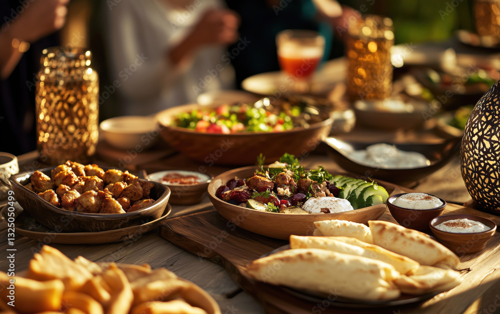 Naklejka premium Family-Style Iftar Feast with Traditional Dishes