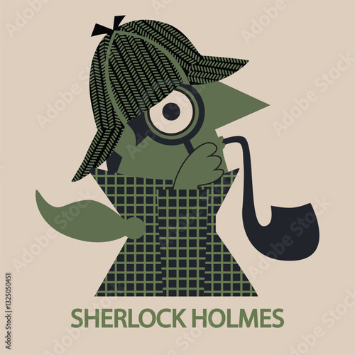 Card with cartoon stylised detective Sherlock Holmes.