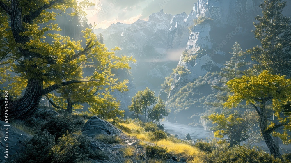 Beautiful scene view high mountain in morning of natural landscape. AI generated Beautiful scene view high mountain in morning of natural landscape. AI generated