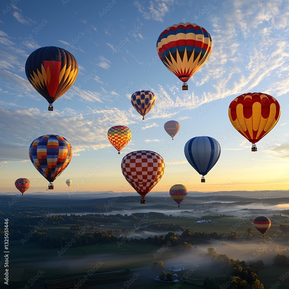 Obraz premium Colorful hot air balloons soar over misty valley at sunrise; travel, adventure background