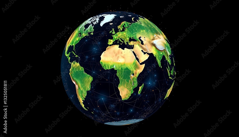 Digital Earth with Network Connections on Black Background Showing Continents Digital Earth with Network Connections on Black Background Showing Continents