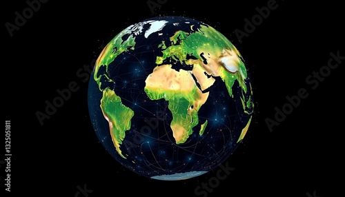 Digital Earth with Network Connections on Black Background Showing Continents