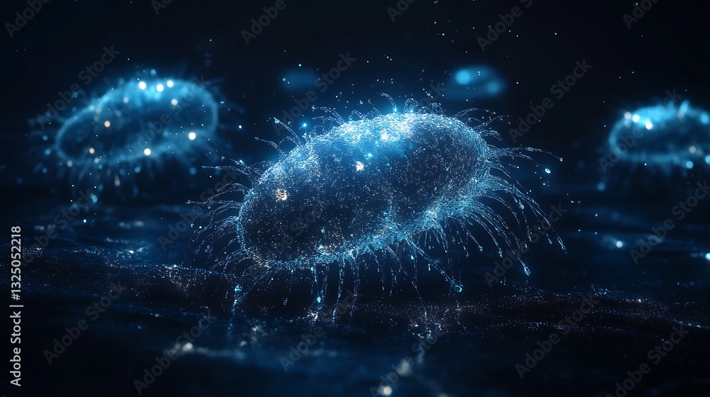 Obraz premium Glowing bacteria floating in dark fluid, scientific study