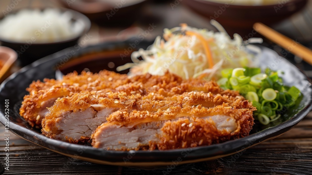 Top view of tasty Japanese food deep fried pork cutlet on dark plate. AI generated image Top view of tasty Japanese food deep fried pork cutlet on dark plate. AI generated image