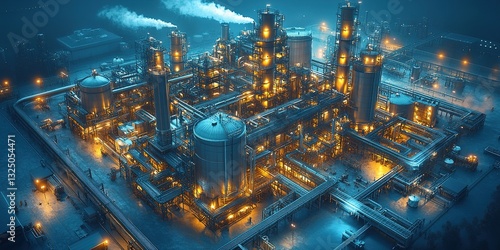 Wallpaper Mural Industrial facility illuminated at night with bright lights and smoke rising in a complex urban environment Torontodigital.ca