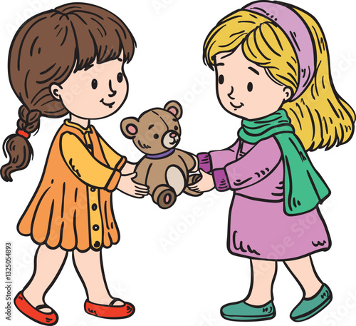 Hand-drawn illustration of two girls sharing a teddy bear, promoting generosity and friendship. Ideal for children’s books, emotional learning resources, and character education.