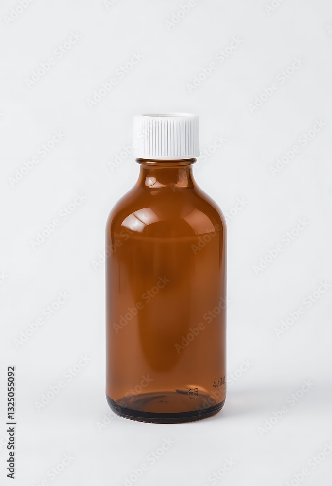 The empty brown glass bottle with white cap is suitable for medical, pharmaceutical or cosmetic use. Ideal for packaging liquids, syrups or other solutions in a secure container The empty brown glass bottle with white cap is suitable for medical, pharmaceutical or cosmetic use. Ideal for packaging liquids, syrups or other solutions in a secure container