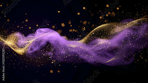 A Luxurious Flow of Purple Smoke and Gold Glitter on a Dark Background