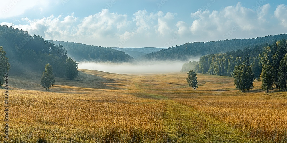 Fototapeta premium Misty morning light over golden fields and rolling hills in a tranquil valley