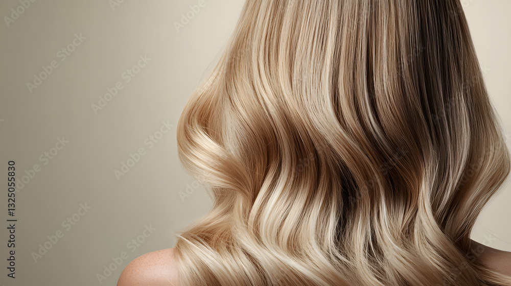 Naklejka premium A close-up of luxurious blonde hair cascading in soft waves, creating an aura of elegance and beauty against a muted backdrop.
