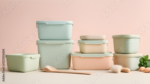 Stack pastel-colored plastic storage containers wooden utensils eggs a beige surface.