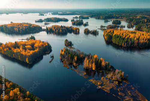 Fotografija Spectacular drone view of the Swedish archipelago landscape, and islands, autumn