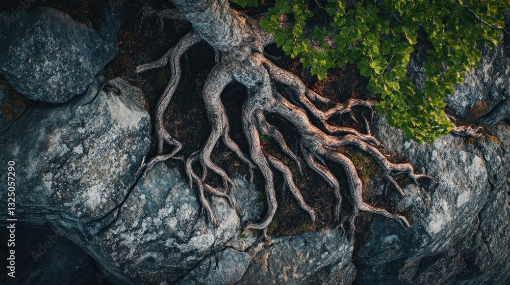Majestic Roots of a Tree Sprawling Across Weathered Rocks in a Woodland Scene