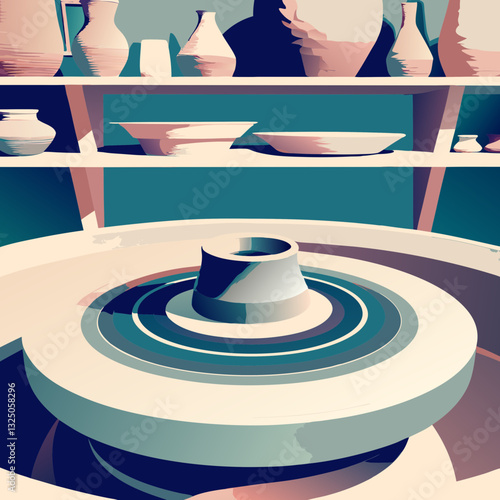 Pottery wheel with shaping clay in pastel courtyard setting evokes artisanal creation and calm process. Concept: pottery workshop ads, art therapy visuals, handmade product branding.