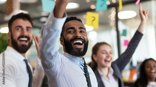 Successful Multiethnic Entrepreneurs Celebrating Team Achievements in Office
