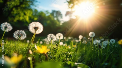 Dandelion plant in Spring field.