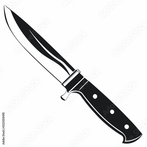 Kitchen knife icon in black vector silhouette with curved blade and rivet handle, evokes culinary preparation. Concept: chef branding, cutlery e-shop, cooking visuals.