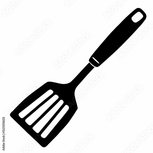 Slotted spatula utensil shown in sleek black and white illustration. Angled kitchen tool with distinctive dark handle for cooking needs Concept culinary equipment, kitchenware, restaurant supplies