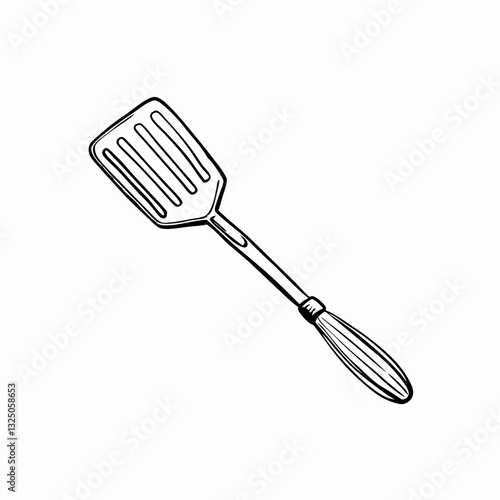 Kitchen spatula tool with vented head in silhouette style on white, used in flipping and frying. Concept: cooking content, kitchen equipment catalog, culinary blog assets.
