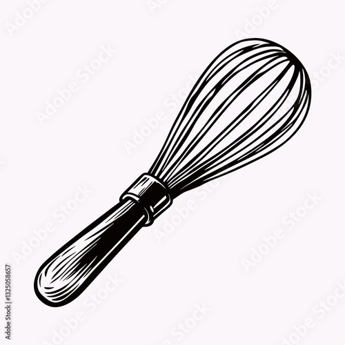 Whisk depicted in vintage-style illustration with textured shading. Kitchen tool features wooden handle and wire loop head in antique line art style. Concept: traditional cooking, artisanal baking