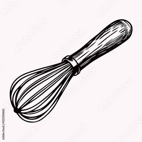 Whisk icon in silhouette style on white background, symbol of baking and mixing tools for food preparation. Concept: culinary blog, bakery branding, cooking utensil shop.