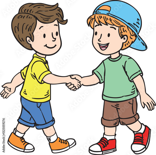 two young boys shaking hands and smiling at each other, symbolizing friendship, respect, and good manners. A heartwarming scene promoting social skills, teamwork, and positive interactions.
