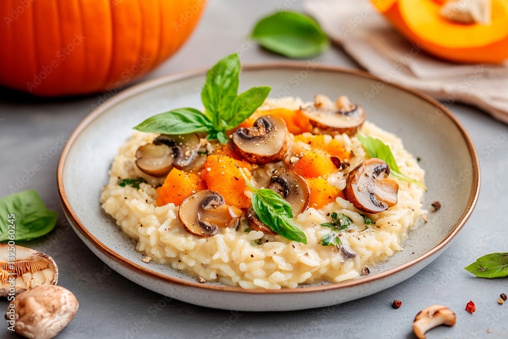 A bowl filled with creamy risotto topped with sautéed mushrooms and diced pumpkin sits on a kitchen counter. Fresh basil garnishes the dish, evoking a warm autumn vibe A bowl filled with creamy risotto topped with sautéed mushrooms and diced pumpkin sits on a kitchen counter. Fresh basil garnishes the dish, evoking a warm autumn vibe