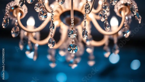 Elegant crystal chandelier casting sparkling light on a blue background
