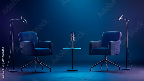 Dark Blue Illuminated Podcast Studio with Two Chairs Table and Microphones Ready for Recording