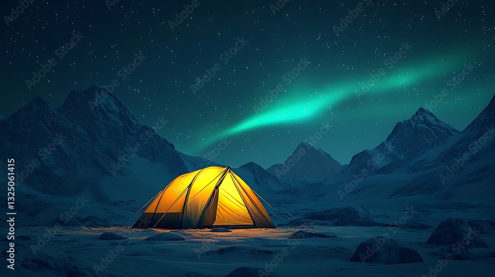 Glowing Tent in Snowy Mountain Landscape, A glowing tent in a snowy mountain landscape under a starry sky Glowing Tent in Snowy Mountain Landscape, A glowing tent in a snowy mountain landscape under a starry sky