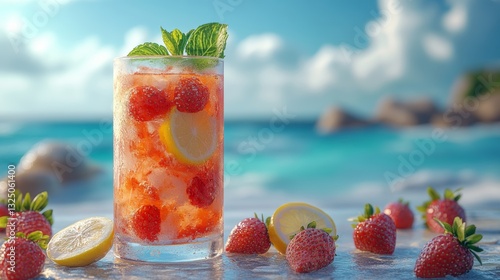Vibrant Tropical Fruit Cocktail with Strawberries, Lemon Slices, and Mint Served on a Beachside Table