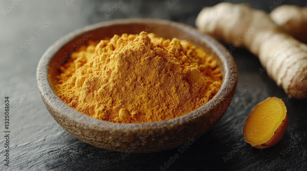 Golden turmeric powder in a small dish with fresh turmeric root beside it, elegant presentation Golden turmeric powder in a small dish with fresh turmeric root beside it, elegant presentation