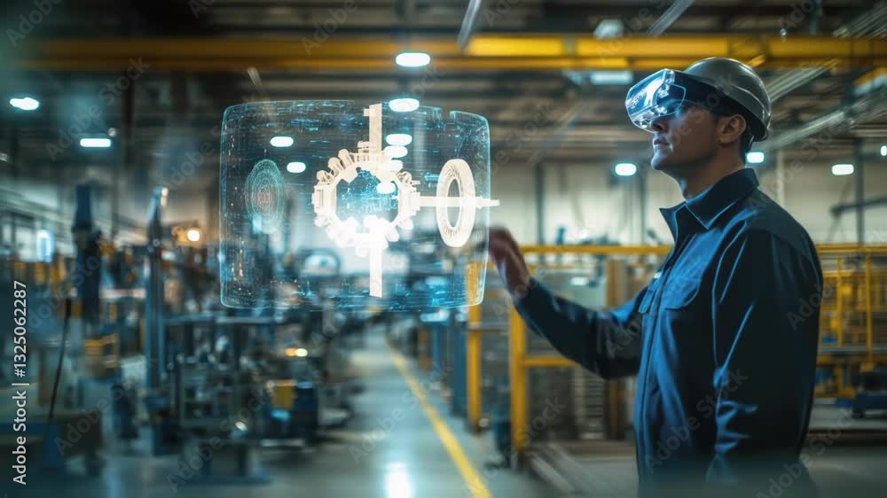 Industrial engineer wearing augmented reality glasses is looking at a holographic projection of machinery components, showcasing innovative technology in modern manufacturing Industrial engineer wearing augmented reality glasses is looking at a holographic projection of machinery components, showcasing innovative technology in modern manufacturing