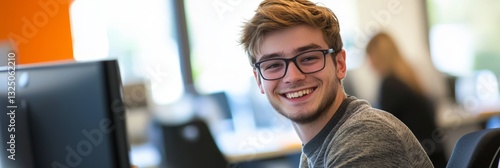 Smiling man at desk in modern office environment.
