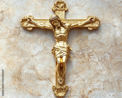Detailed gold crucifix, A beautifully crafted golden crucifix on a marble background, symbolizing faith and devotion.
