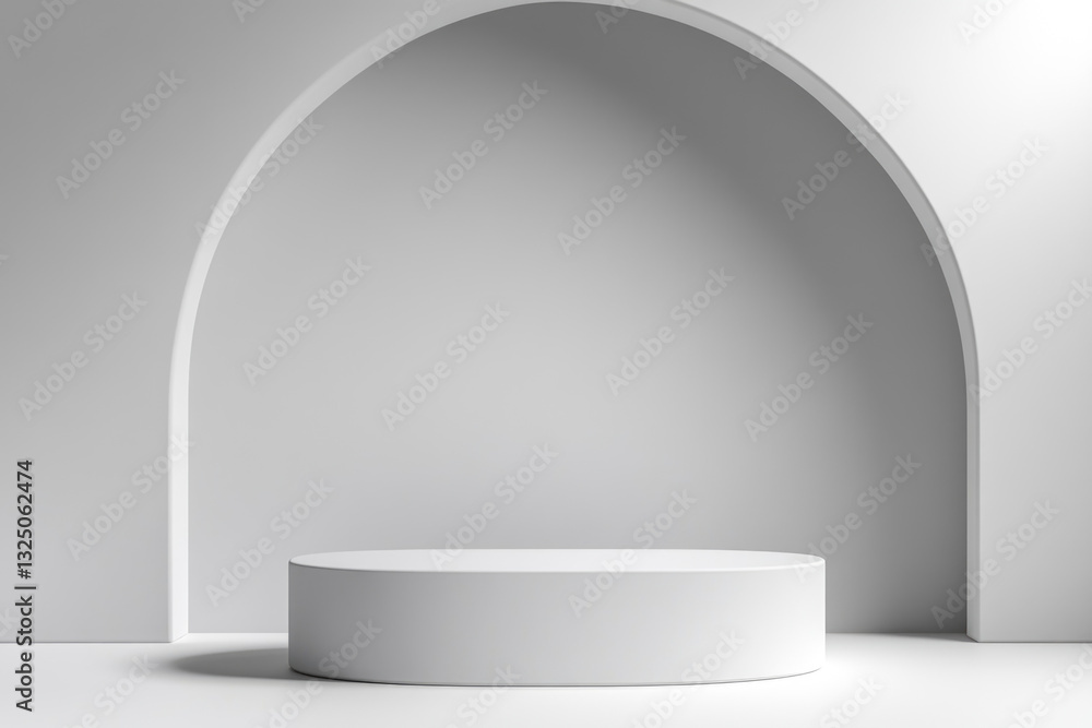 Minimalist podium illuminated by natural light with soft shapes for display Minimalist podium illuminated by natural light with soft shapes for display